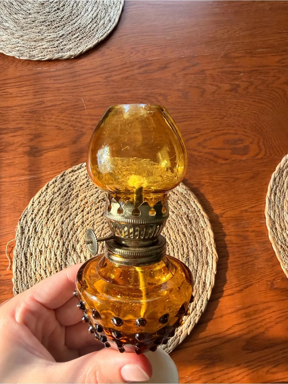 Amber Glass Hobnail Oil Lamp with White Base